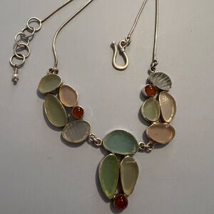 Vintage Jessica Lee 925 Sea Glass Statement Necklace 18”